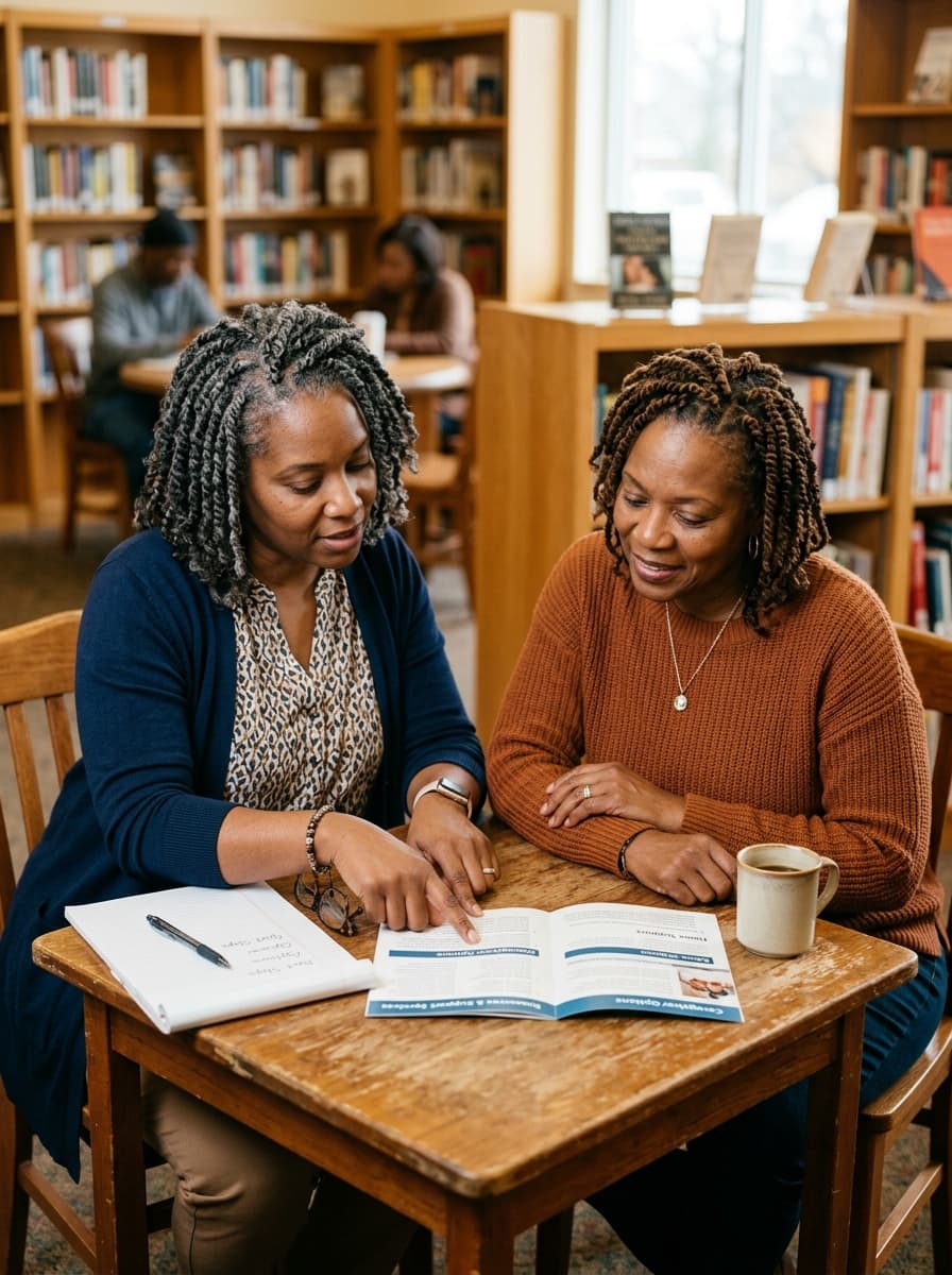 Two women reviewing care resources together at a library