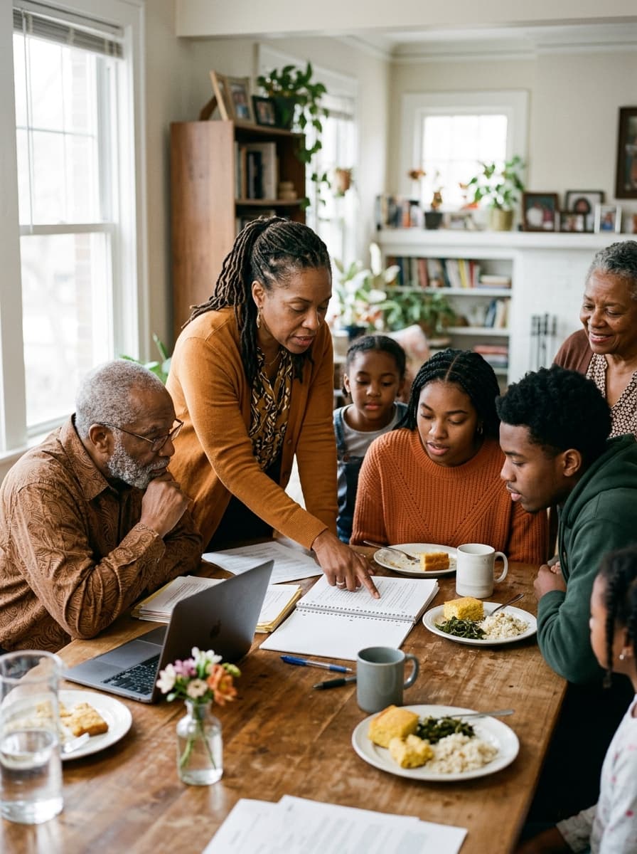 Multigenerational Black family gathered at a kitchen table, navigating care together