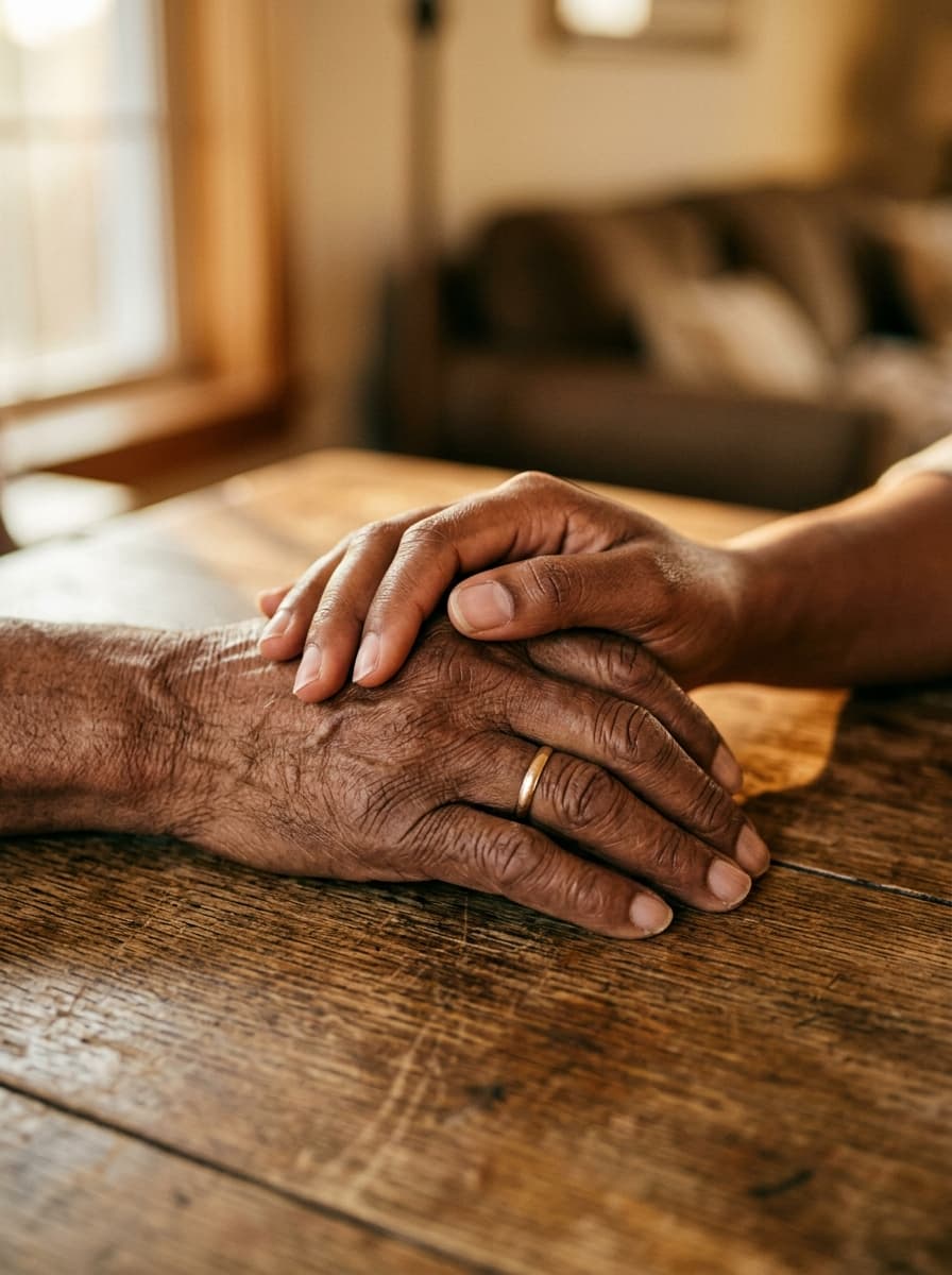 Hands clasped in comfort and support on a wooden table
