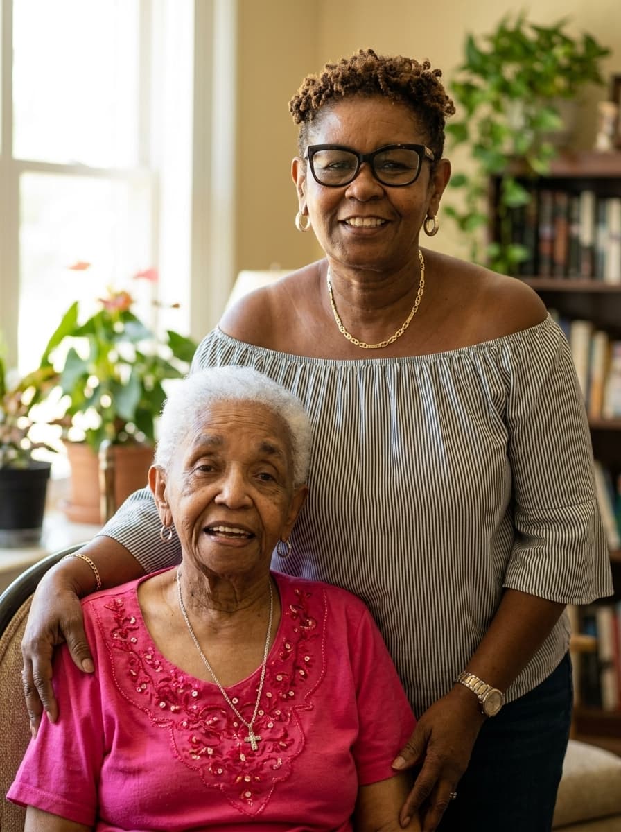 A caregiver standing beside her elderly mother at home — the heart of Compassion On The Move