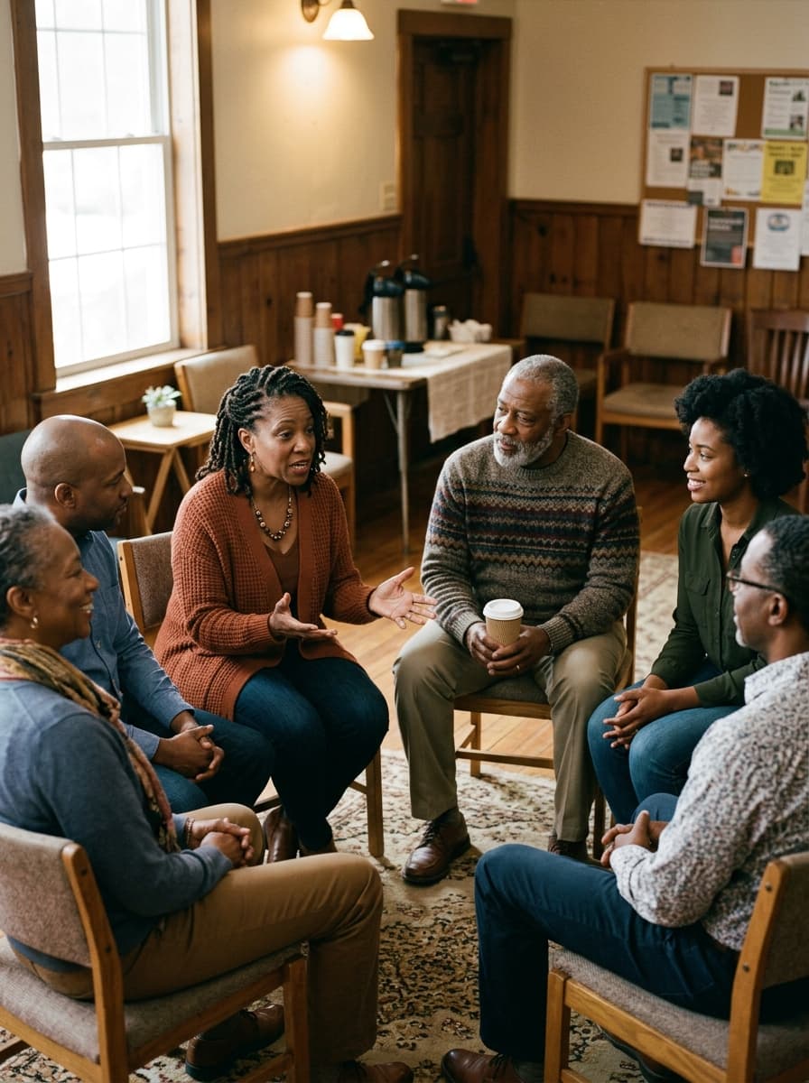 Caregivers sharing stories and support in a community circle